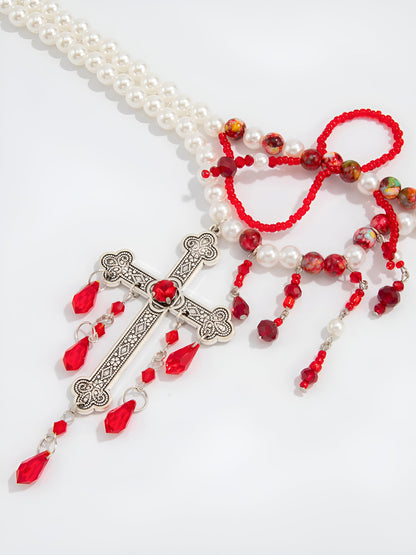 Gothic Red Beaded Faux Pearl Cross Pendant Necklace