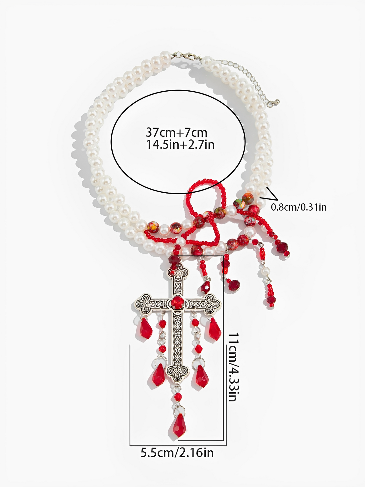 Gothic Red Beaded Faux Pearl Cross Pendant Necklace