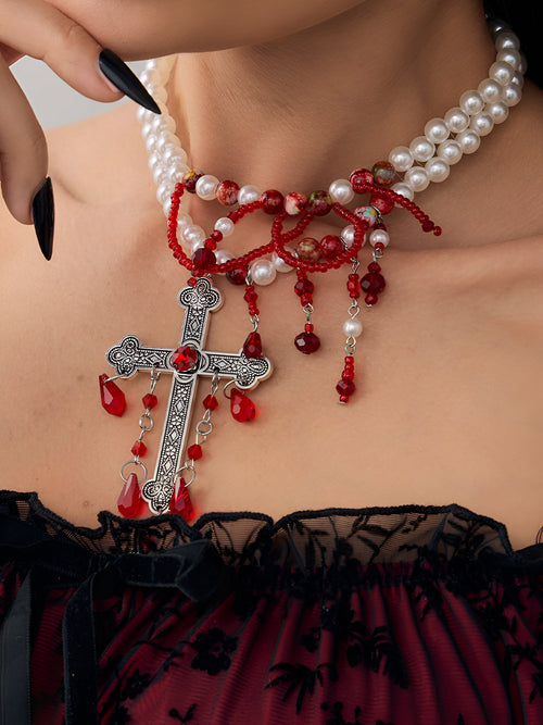 Gothic Red Beaded Faux Pearl Cross Pendant Necklace