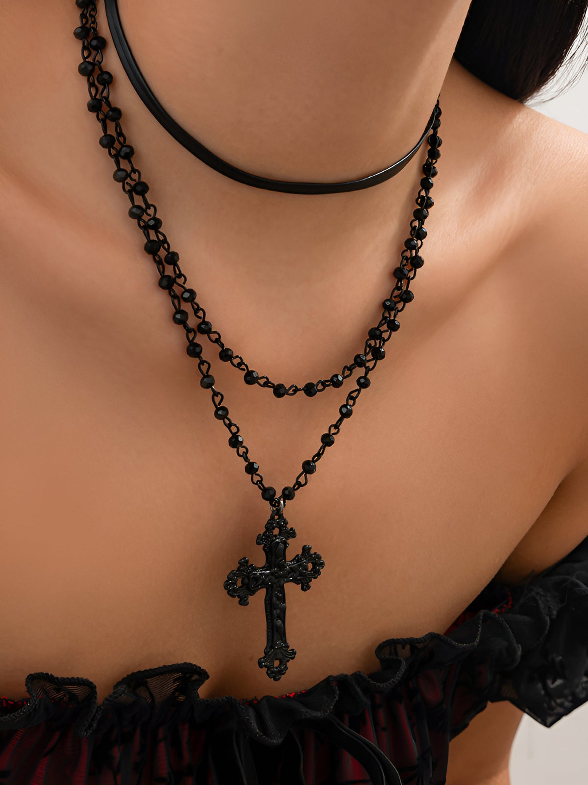 Halloween Gothic Cross Pendant Multi-Layer Necklace