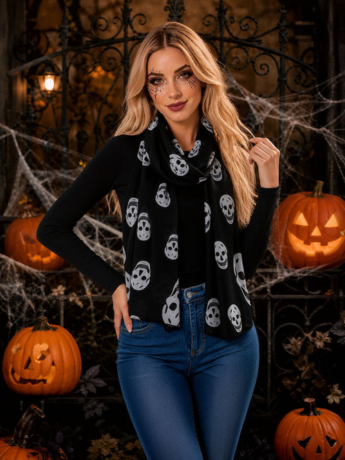 Halloween Skull Printed Chiffon Long Scarf