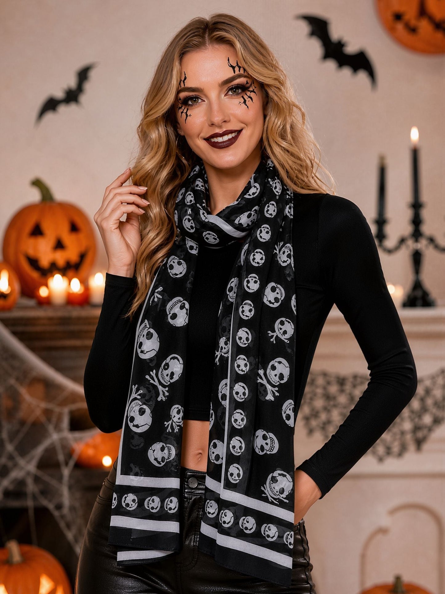 Halloween Chiffon Skull Printed Long Scarf