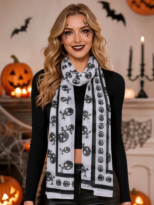 Halloween Chiffon Skull Printed Long Scarf