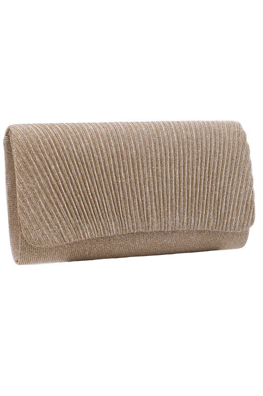 Shell Pleated Shimmer Chain Strap Clutch